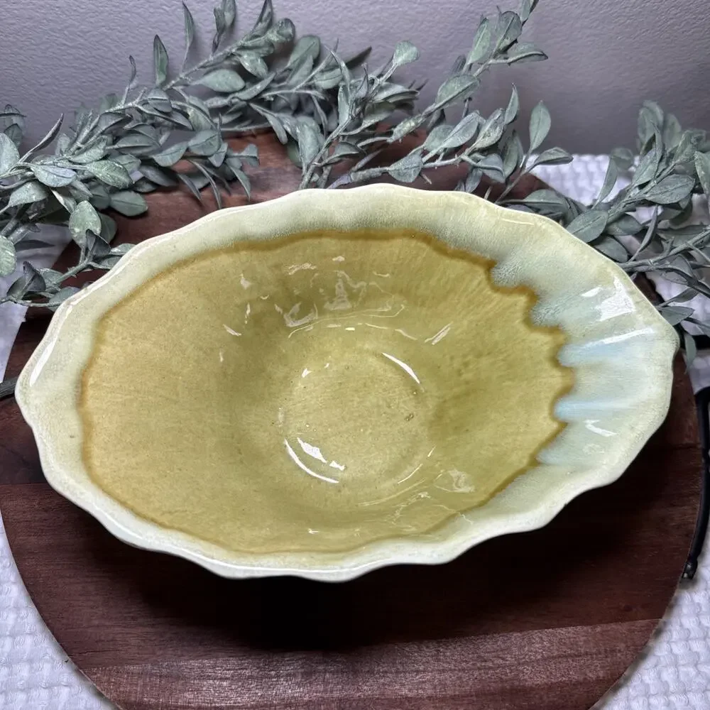 Vintage Mid Century USA P-1 Drip Glaze Pottery Console Bowl Green Yellow 50s 60s